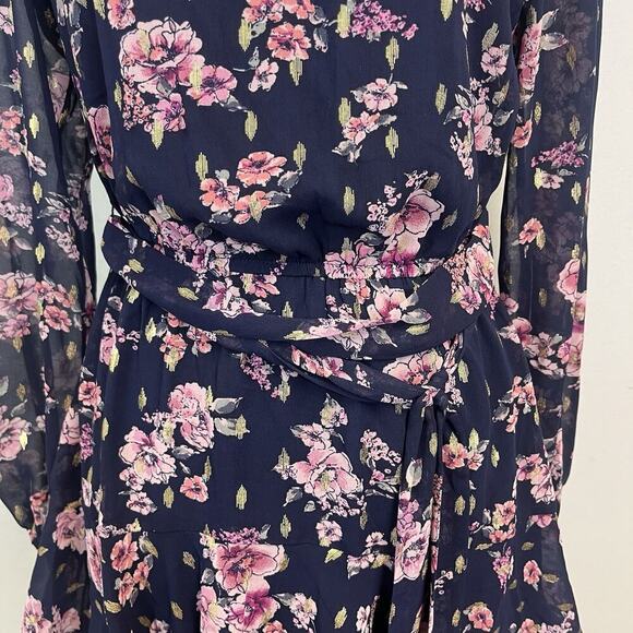 City Studio Dress size Small Navy Blue Pink Gold Floral Sheer Ruffles Wedding - Picture 6 of 11